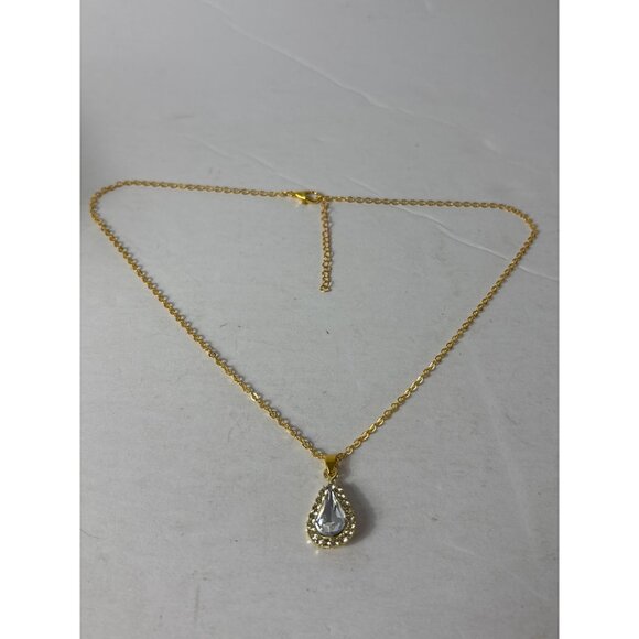 Goldtone Clear Rhinestone Halo Teardrop Pendant Necklace 17 - 19 inches Long - Picture 2 of 5